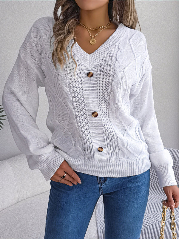 Sweaters- Autumn V-Neck Cable Knit Sweater with Delicate Button Accents- White- IndioGear Clothing and Gear