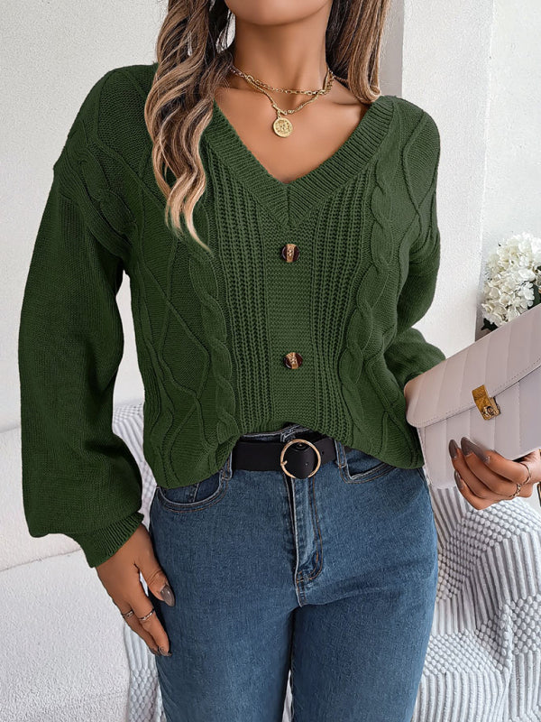 Sweaters- Autumn V-Neck Cable Knit Sweater with Delicate Button Accents- - IndioGear Clothing and Gear