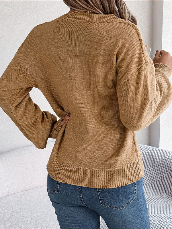 Sweaters- Autumn V-Neck Cable Knit Sweater with Delicate Button Accents- - IndioGear Clothing and Gear