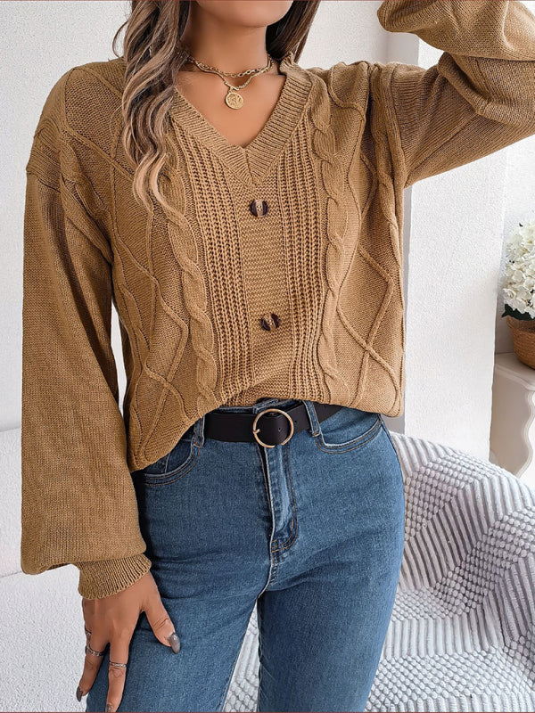 Sweaters- Autumn V-Neck Cable Knit Sweater with Delicate Button Accents- - IndioGear Clothing and Gear