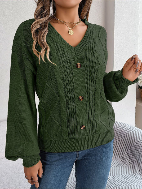 Sweaters- Autumn V-Neck Cable Knit Sweater with Delicate Button Accents- - IndioGear Clothing and Gear