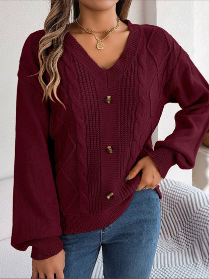 Sweaters- Autumn V-Neck Cable Knit Sweater with Delicate Button Accents- - IndioGear Clothing and Gear