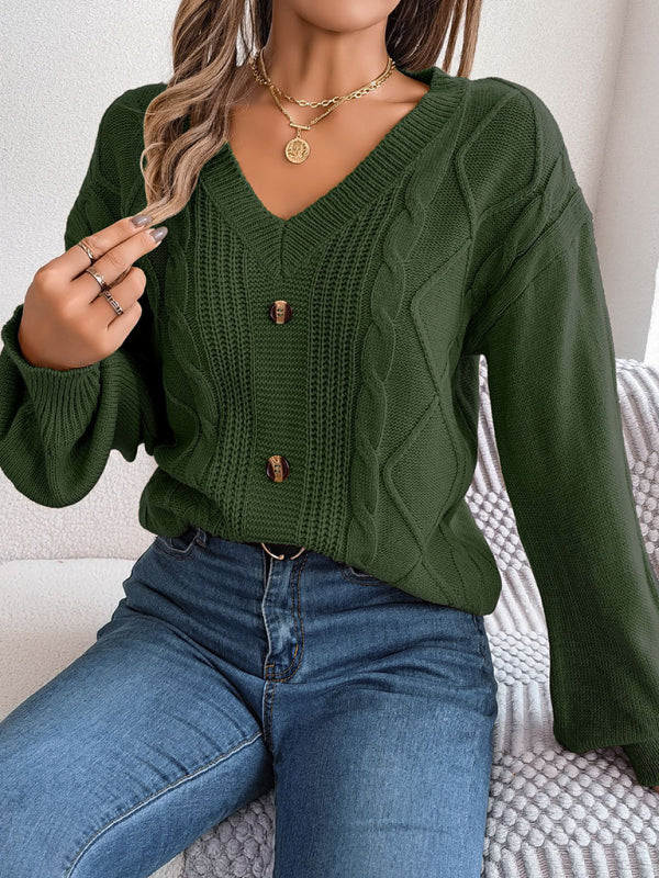 Sweaters- Autumn V-Neck Cable Knit Sweater with Delicate Button Accents- - IndioGear Clothing and Gear