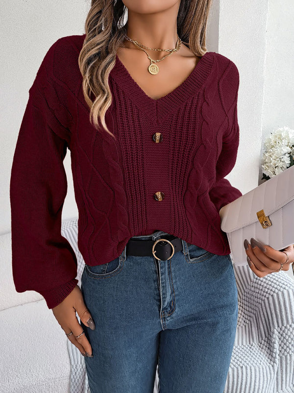 Sweaters- Autumn V-Neck Cable Knit Sweater with Delicate Button Accents- - IndioGear Clothing and Gear