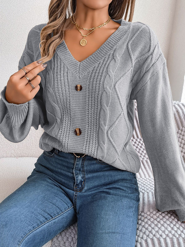 Sweaters- Autumn V-Neck Cable Knit Sweater with Delicate Button Accents- - IndioGear Clothing and Gear