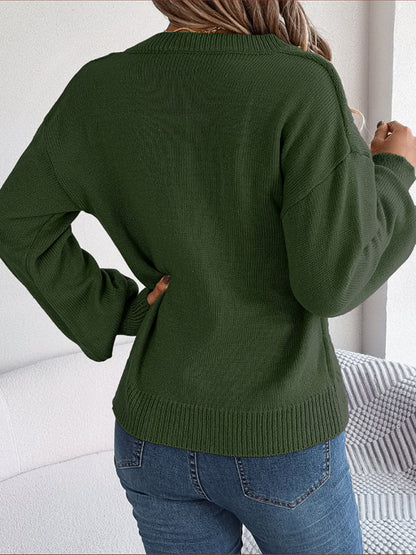 Sweaters- Autumn V-Neck Cable Knit Sweater with Delicate Button Accents- - IndioGear Clothing and Gear