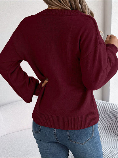 Sweaters- Autumn V-Neck Cable Knit Sweater with Delicate Button Accents- - IndioGear Clothing and Gear