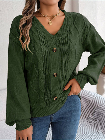 Sweaters- Autumn V-Neck Cable Knit Sweater with Delicate Button Accents- - IndioGear Clothing and Gear