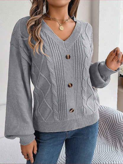 Sweaters- Autumn V-Neck Cable Knit Sweater with Delicate Button Accents- - IndioGear Clothing and Gear