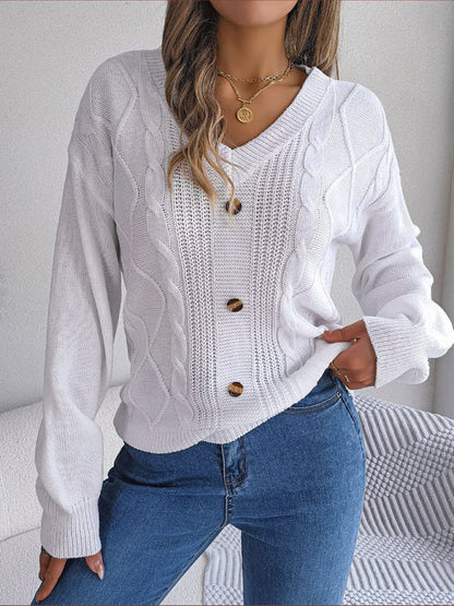 Sweaters- Autumn V-Neck Cable Knit Sweater with Delicate Button Accents- - IndioGear Clothing and Gear