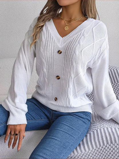 Sweaters- Autumn V-Neck Cable Knit Sweater with Delicate Button Accents- - IndioGear Clothing and Gear