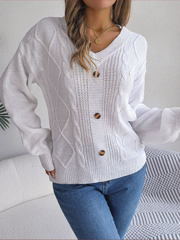 Sweaters- Autumn V-Neck Cable Knit Sweater with Delicate Button Accents- - IndioGear Clothing and Gear