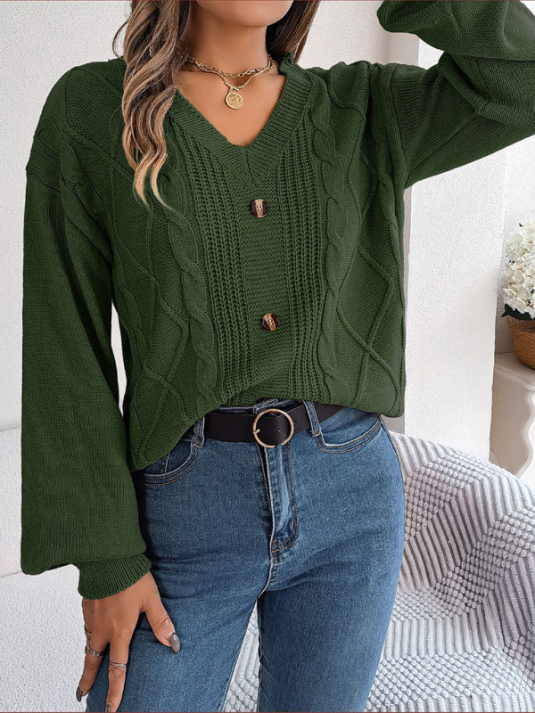 Sweaters- Autumn V-Neck Cable Knit Sweater with Delicate Button Accents- Olive green- IndioGear Clothing and Gear