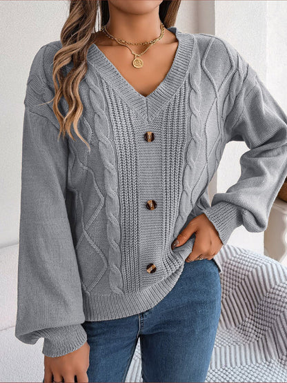 Sweaters- Autumn V-Neck Cable Knit Sweater with Delicate Button Accents- Grey- IndioGear Clothing and Gear