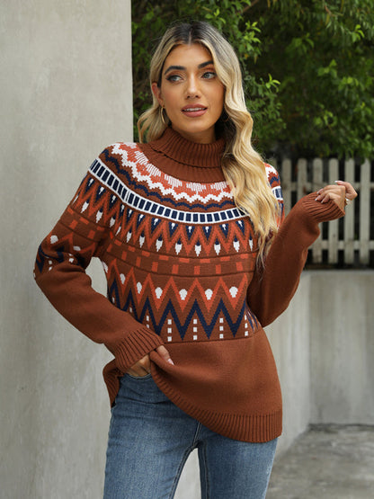 Sweaters- Aztec Knit Chunky Turtleneck Sweater- - IndioGear Fashion and Gear