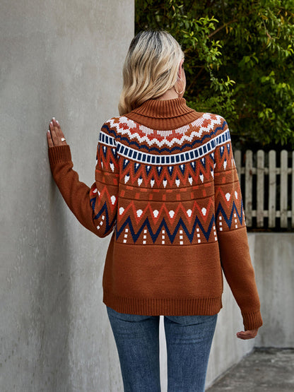 Sweaters- Aztec Knit Chunky Turtleneck Sweater- - IndioGear Fashion and Gear