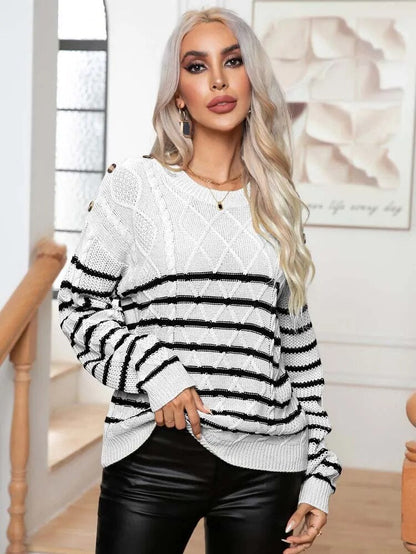 Sweaters- Buttoned Bliss: Drop Shoulder Stripe Sweater Jumper- - IndioGear Clothing and Gear