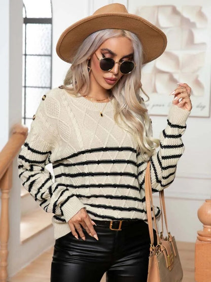 Sweaters- Buttoned Bliss: Drop Shoulder Stripe Sweater Jumper- - IndioGear Clothing and Gear