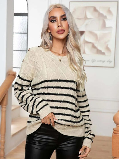 Sweaters- Buttoned Bliss: Drop Shoulder Stripe Sweater Jumper- - IndioGear Clothing and Gear