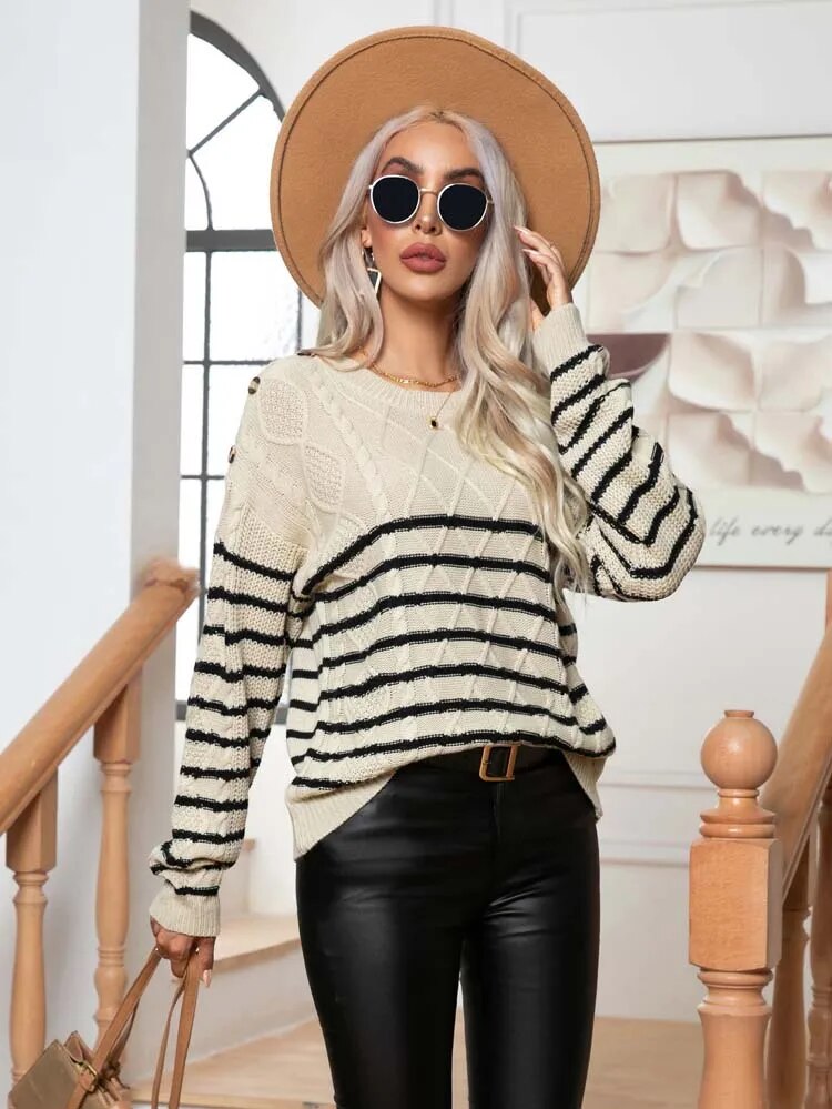 Sweaters- Buttoned Bliss: Drop Shoulder Stripe Sweater Jumper- - IndioGear Clothing and Gear