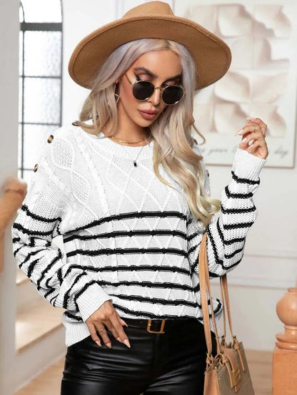 Sweaters- Buttoned Bliss: Drop Shoulder Stripe Sweater Jumper- - IndioGear Clothing and Gear