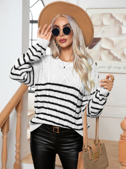 Sweaters- Buttoned Bliss: Drop Shoulder Stripe Sweater Jumper- White- IndioGear Clothing and Gear