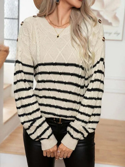 Sweaters- Buttoned Bliss: Drop Shoulder Stripe Sweater Jumper- - IndioGear Clothing and Gear