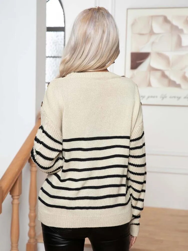 Sweaters- Buttoned Bliss: Drop Shoulder Stripe Sweater Jumper- - IndioGear Clothing and Gear