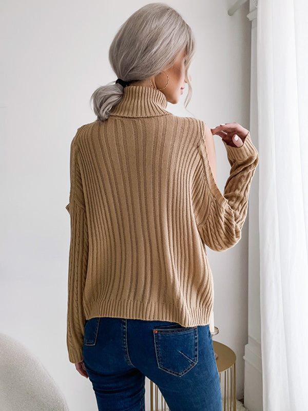 Sweaters- Cable Braid Knit Turtleneck Sweater - Cold Shoulder Jumper- - IndioGear Fashion and Gear