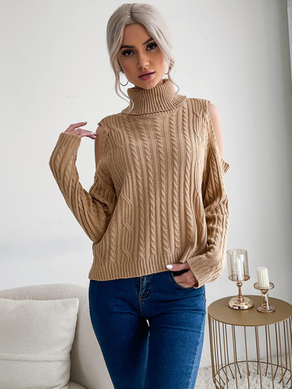 Sweaters- Cable Braid Knit Turtleneck Sweater - Cold Shoulder Jumper- - IndioGear Fashion and Gear