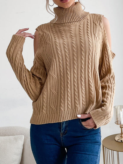 Sweaters- Cable Braid Knit Turtleneck Sweater - Cold Shoulder Jumper- Khaki- IndioGear Fashion and Gear