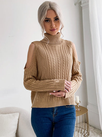 Sweaters- Cable Braid Knit Turtleneck Sweater - Cold Shoulder Jumper- - IndioGear Fashion and Gear