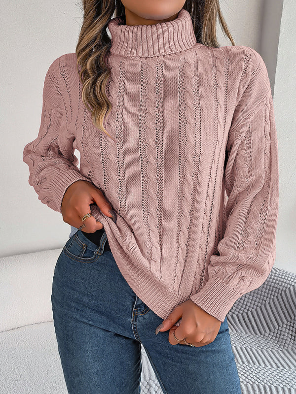 Sweaters- Cable Knit Autumn/Winter Turtleneck Sweater with Lantern Sleeves- - IndioGear Clothing and Gear