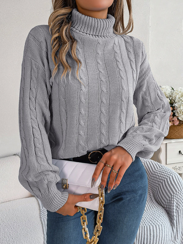 Sweaters- Cable Knit Autumn/Winter Turtleneck Sweater with Lantern Sleeves- - IndioGear Clothing and Gear