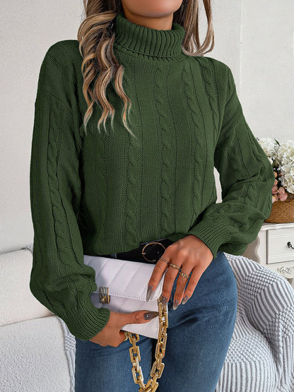 Sweaters- Cable Knit Autumn/Winter Turtleneck Sweater with Lantern Sleeves- - IndioGear Clothing and Gear