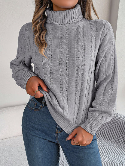 Sweaters- Cable Knit Autumn/Winter Turtleneck Sweater with Lantern Sleeves- - IndioGear Clothing and Gear