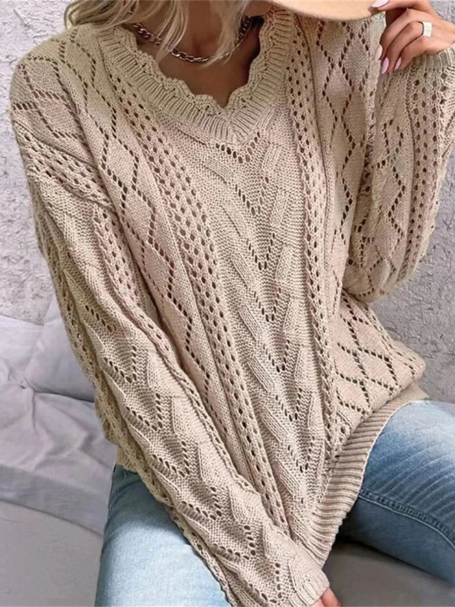 Cable Open Knit Cozy V-Neck Sweater Jumper | Sweaters | Pekosa Women Clothing