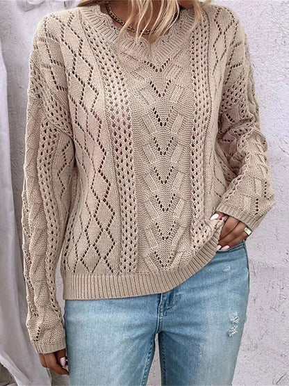 Cable Open Knit Cozy V-Neck Sweater Jumper | Sweaters | Pekosa Women Clothing