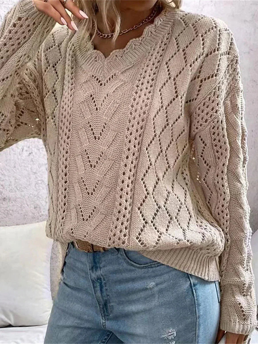 Cable Open Knit Cozy V-Neck Sweater Jumper | Sweaters | Pekosa Women Clothing