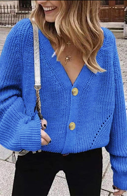 Sweaters & Cardigans- Wool Balloon Sleeve Cardigan - Oversized Sweater- Blue- IndioGear Fashion and Gear