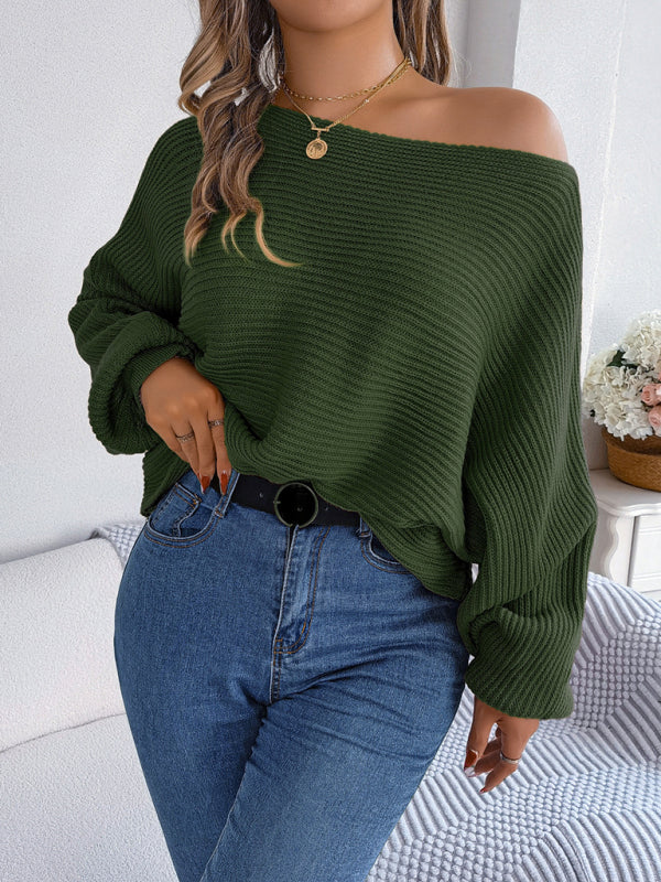 Sweaters- Casual Autumn-Winter Knit Batwing Sleeve Boatneck Sweater- - IndioGear Clothing and Gear