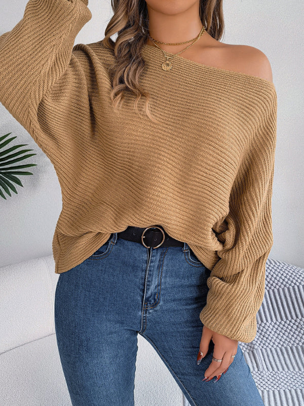 Sweaters- Casual Autumn-Winter Knit Batwing Sleeve Boatneck Sweater- - IndioGear Clothing and Gear