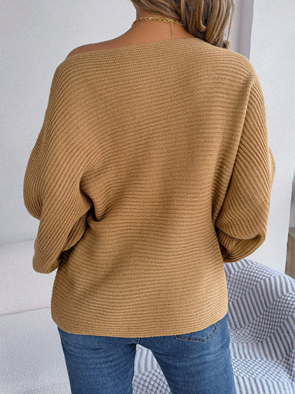 Sweaters- Casual Autumn-Winter Knit Batwing Sleeve Boatneck Sweater- - IndioGear Clothing and Gear