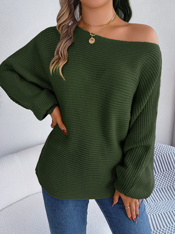 Sweaters- Casual Autumn-Winter Knit Batwing Sleeve Boatneck Sweater- - IndioGear Clothing and Gear