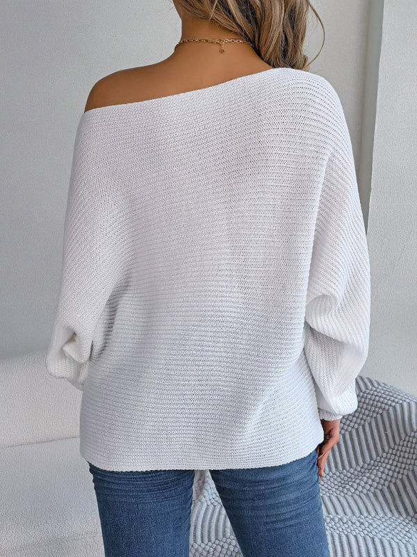 Sweaters- Casual Autumn-Winter Knit Batwing Sleeve Boatneck Sweater- - IndioGear Clothing and Gear