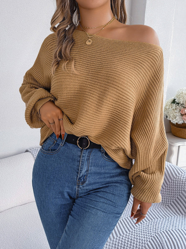 Sweaters- Casual Autumn-Winter Knit Batwing Sleeve Boatneck Sweater- - IndioGear Clothing and Gear