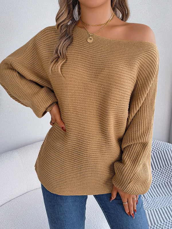 Sweaters- Casual Autumn-Winter Knit Batwing Sleeve Boatneck Sweater- Khaki- IndioGear Clothing and Gear