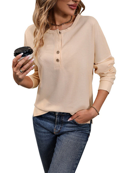 Sweaters- Casual Textured Half-Button Crew Neck Sweater Top- - IndioGear Clothing and Gear