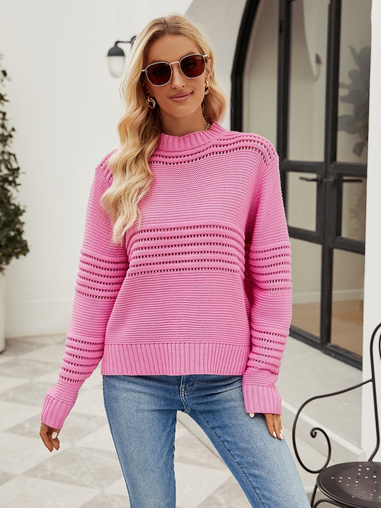 Sweaters- Charming Eyelet Accents Sweater - Women's Round Neck Knitted Pullover- - IndioGear Fashion and Gear