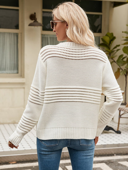 Sweaters- Charming Eyelet Accents Sweater - Women's Round Neck Knitted Pullover- - IndioGear Fashion and Gear